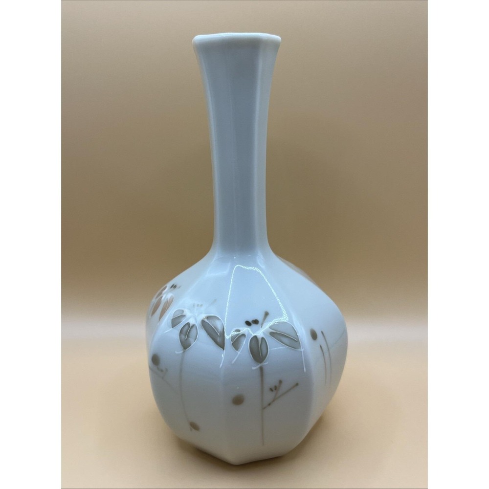 Andre Richard Bud Vase Japan Hand Painted Cream Brown Flowers 6.5" Ceramic Vtg
